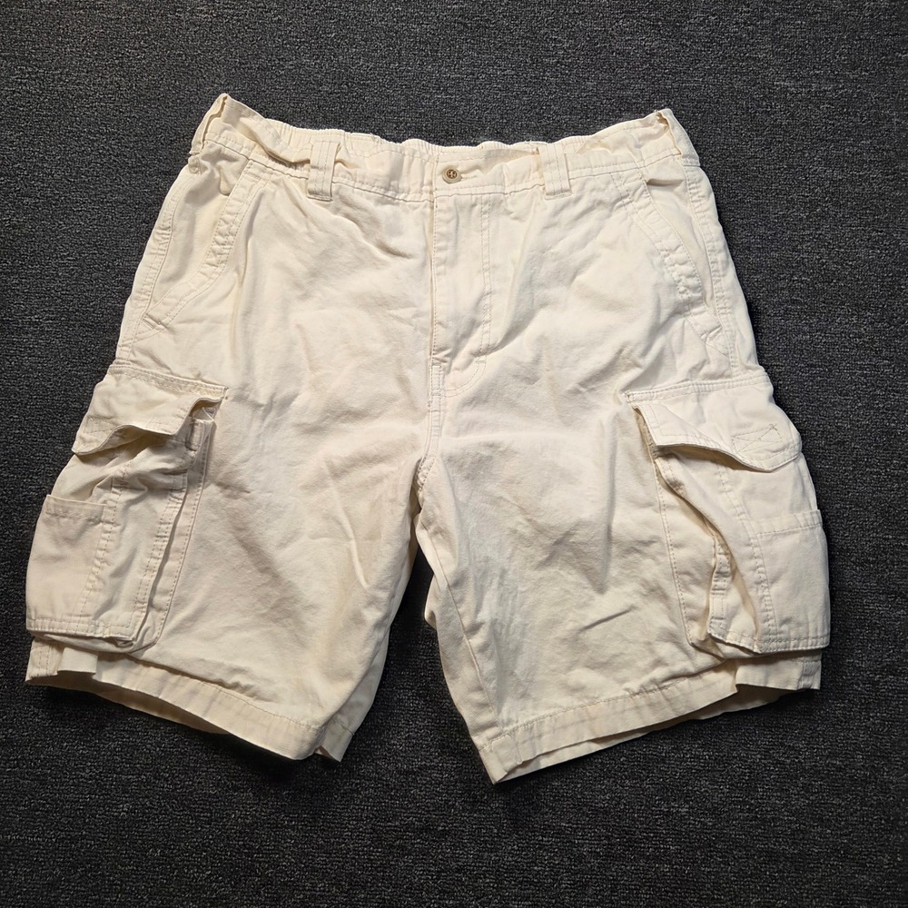 Reyn Spooner Cargo Shorts Mens M Cream Cotton Hawaiian Classic Coastal Summer‎